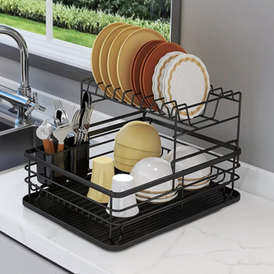 2-Tier Metal Dish Rack Kitchen Dish Drainer Rack, Black