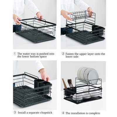 2-Tier Metal Dish Rack Kitchen Dish Drainer Rack, Black