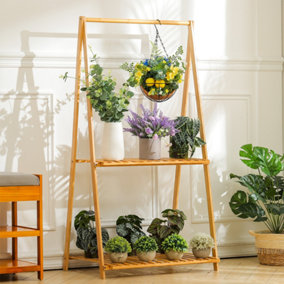 2-Tier Natural Bamboo Plant Stand Planter Rack with Hanging Bar