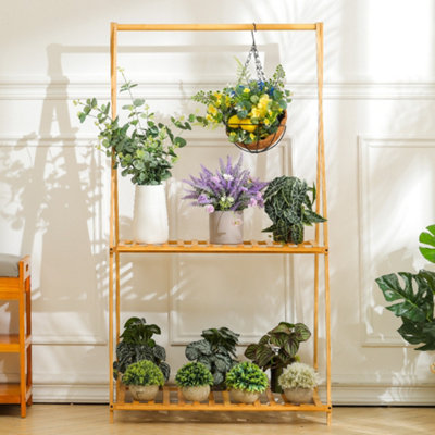 2 Tier Natural Bamboo Plant Stand Planter Rack with Hanging Bar