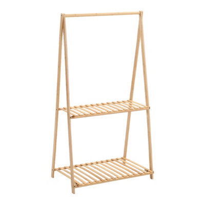 2 Tier Natural Bamboo Plant Stand Planter Rack with Hanging Bar