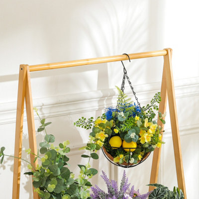 2-Tier Natural Bamboo Plant Stand Planter Rack with Hanging Bar