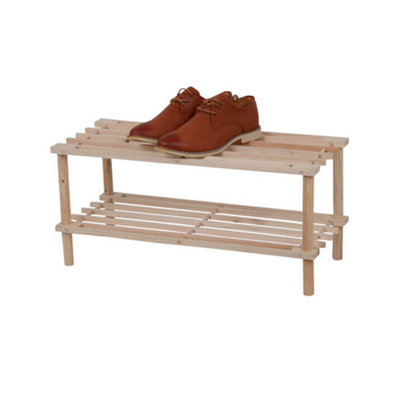2 Tier Natural Wooden Shoe Rack Footwear Storage Organiser Slated Racking Shelf Trainers Multi Purpose Storing Easy To Assemble