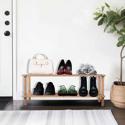 2 Tier Natural Wooden Shoe Rack Footwear Storage Organiser Slated ...