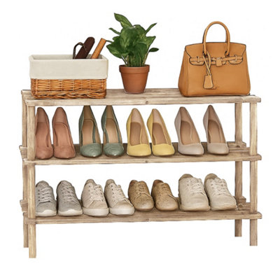 2 Tier Natural Wooden Shoe Rack Footwear Storage Organiser Slated Shelf Trainers