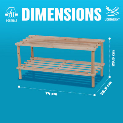 2 Tier Natural Wooden Shoe Rack Footwear Storage Organiser Slated Shelf Trainers - 5