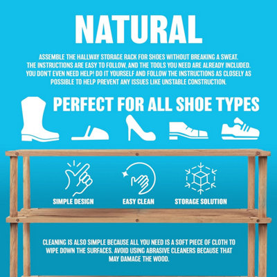 2 Tier Natural Wooden Shoe Rack Footwear Storage Organiser Slated Shelf Trainers - 7
