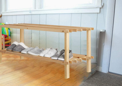 2 Tier Natural Wooden Shoe Rack Footwear Storage Organiser Slated Shelf Trainers - 8
