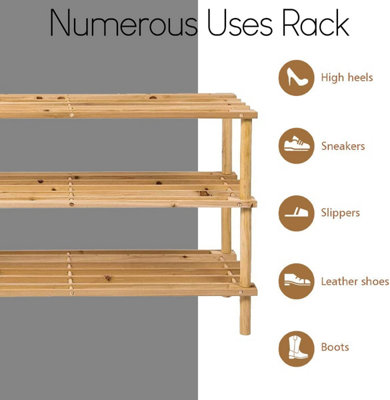 2 Tier Natural Wooden Shoe Rack Footwear Storage Organiser Slated Shelf Trainers - 9