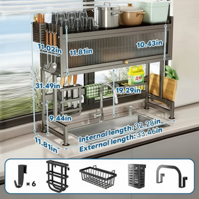 2 Tier Over Sink Dish Drying Rack Adjustable Space Saving Dish Drainer ...