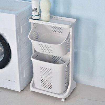 2 Tier Plastic Laundry Basket Hamper Bathroom Laundry Sorter Storage Bin Cart Clothes Organizer