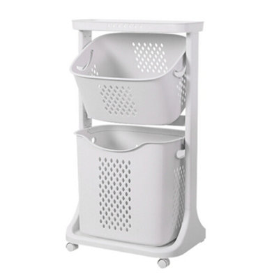 2 Tier Plastic Laundry Basket Hamper Bathroom Laundry Sorter Storage Bin Cart Clothes Organizer
