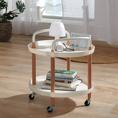 2-Tier Portable Trolley - Easy-Clean White with Beech Accents, Smooth-Rolling Castors