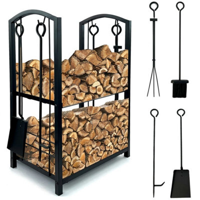 2 Tier Rack Log Holder Fireplace Wood Storage with Hooks 4 Tools Black