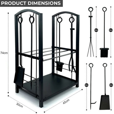 2 Tier Rack Log Holder Fireplace Wood Storage with Hooks 4 Tools Black