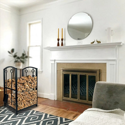 2 Tier Rack Log Holder Fireplace Wood Storage with Hooks 4 Tools Black