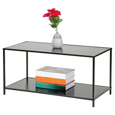 2 Tier Rectangular End Table Black Metal Frame with Wood Shelves Modern ...