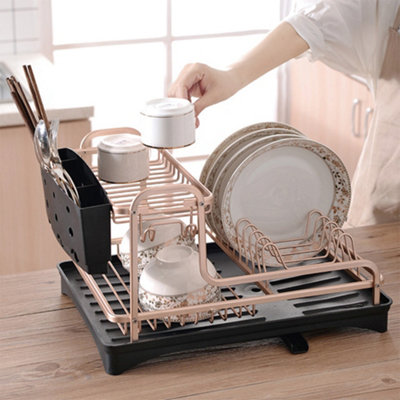 2 Tier Rose Gold Kitchen Dish Drying Rack Dish Drainer Rack with Utensil Holder and Tray DIY at B Q