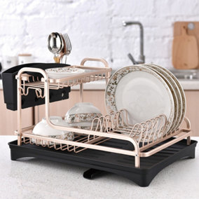 2 Tier Rose Gold Kitchen Dish Drying Rack Dish Drainer Rack with Utensil Holder and Tray
