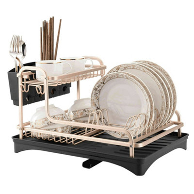 2 Tier Rose Gold Kitchen Dish Drying Rack Dish Drainer Rack with Utensil Holder and Tray DIY at B Q