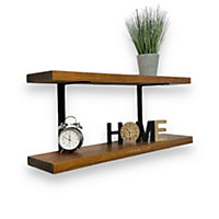 2 Tier Rustic Shelf Wall-Mounted Shelves with Double Black L Brackets - Ideal for Kitchen, Home Deco(40cm, Tudor Oak)