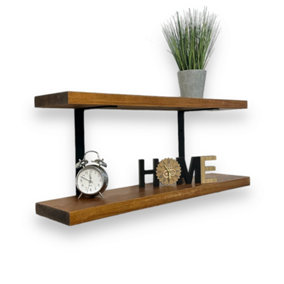 2 Tier Rustic Shelf Wall-Mounted Shelves with Double Black L Brackets - Ideal for Kitchen, Home Deco(50cm, Tudor Oak)