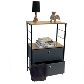 2 Tier Set of Charcoal Canvas Fabric Drawers With Oak effect Melamine Top & Black Metalwork 850mm H x 550mm W x 300mm D