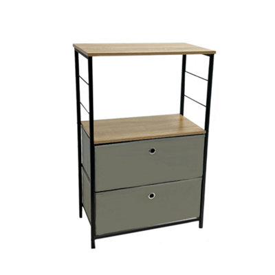 2 Tier Set of Light Grey Canvas Fabric Drawers With Oak effect Melamine Top & Black Metalwork 850mm H x 550mm W x 300mm D