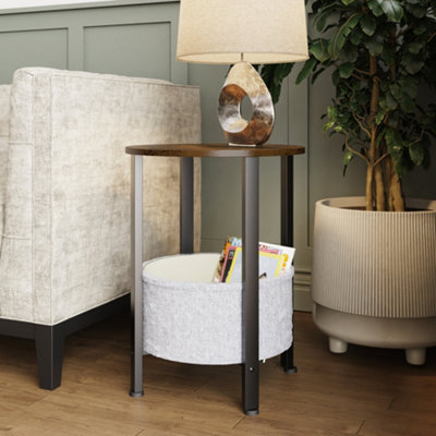 2 Tier Side Lamp Storage Table With Linen Basket Walnut Effect