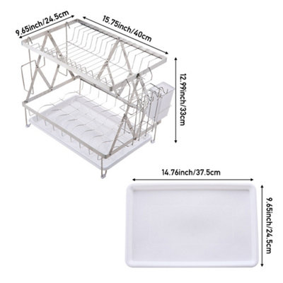 2-Tier Silver Dish Drainer with Drying Tray, 40cm W x 24.5cm D x 33cm H