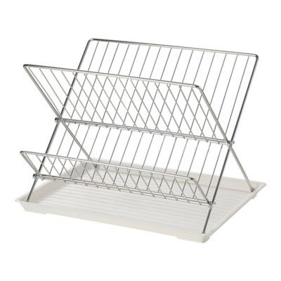 2 Tier Silver-White Foldable Countertop Dish Drying Rack with Drip Tray