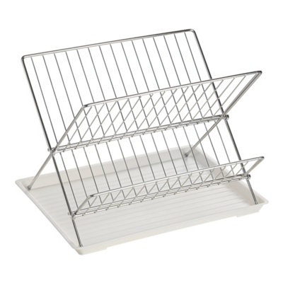 2 Tier Silver-White Foldable Countertop Dish Drying Rack with Drip Tray
