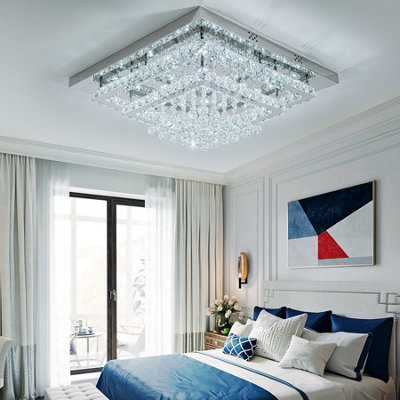2 Tier Square Modern Crystal LED Flush Mount Ceiling Light Fixture Chandelier in White Light 60cm