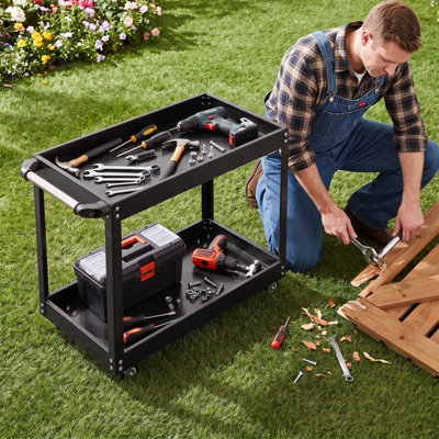 2-Tier Tool Cart with Casters and Handle, 200kg Capacity, Cold-Rolled ...