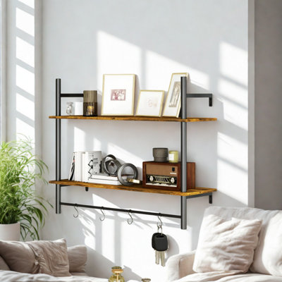 2 Tier Wall Mounted Floating Shelf With Hanging Rail and Hooks