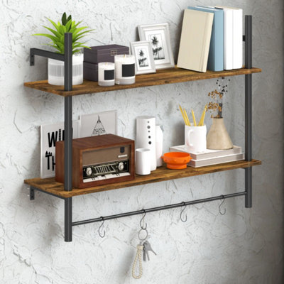 2 Tier Wall Mounted Floating Shelf With Hanging Rail and Hooks