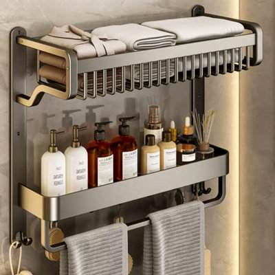 2 Tier Wall Mounted Metal Bathroom Shelf with Towel Bar and Hooks