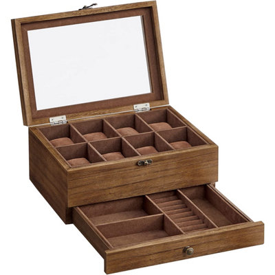 2-Tier Watch Box Rustic Walnut Wood Watch Case with Large Glass