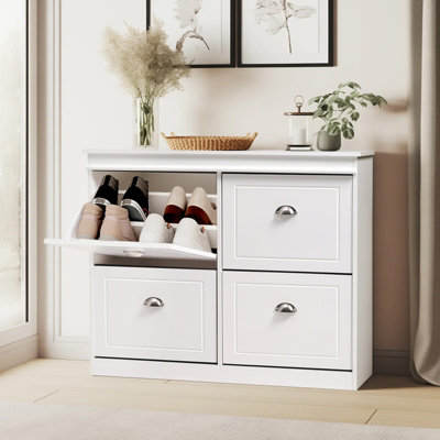 Tier White Drawer Flip Down Wooden Shoe Bench Cabinet