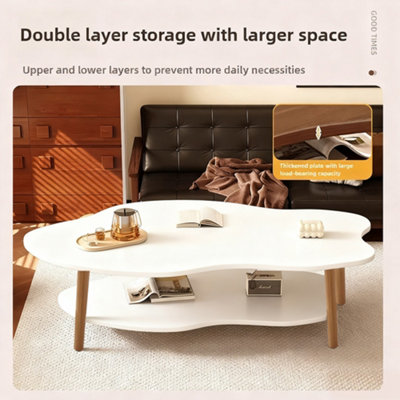 2 Tier White Cloud Coffee Table Modern Living Room Tea Desk Storage Shelf