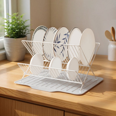 2 Tier White Foldable Countertop Dish Drying Rack with Drip Tray, 36cm ...