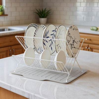 2 Tier White Foldable Countertop Dish Drying Rack with Drip Tray, 36cm ...