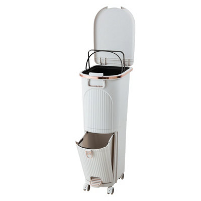 2-Tier White Household Sorting Trash Bin with Lid and Wheels, 26 cm (W ...