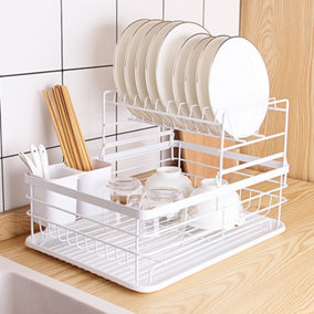 2 Tier White Kitchen Dish Drainer Rack Dish Drying Rack with Cutlery Holder