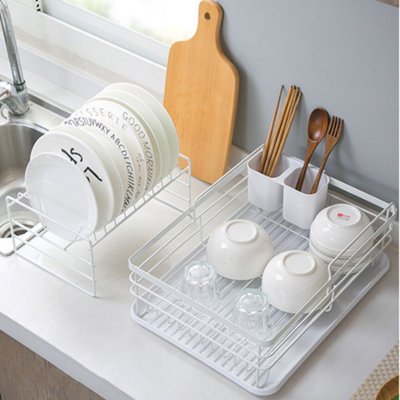 2 Tier White Kitchen Dish Drainer Rack Dish Drying Rack with Cutlery Holder