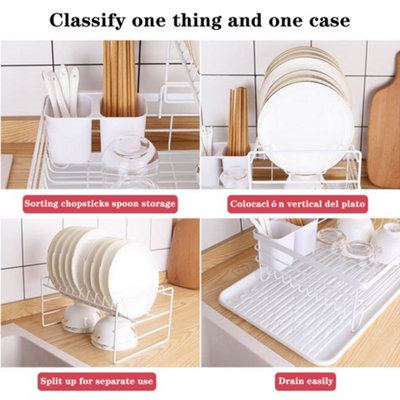 2 Tier White Kitchen Dish Drainer Rack Dish Drying Rack with Cutlery Holder