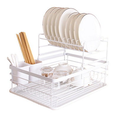 2 Tier White Kitchen Dish Drainer Rack Dish Drying Rack with Cutlery Holder