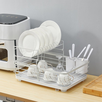 2 Tier White Metal Dish Drainer Rack Dish Drying Shelf with Utensil Holder