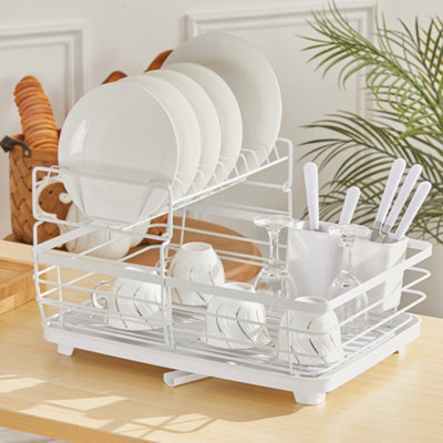 2 Tier White Metal Dish Drainer Rack Dish Drying Shelf with Utensil Holder