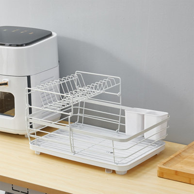 2 Tier White Metal Dish Drainer Rack Dish Drying Shelf with Utensil Holder